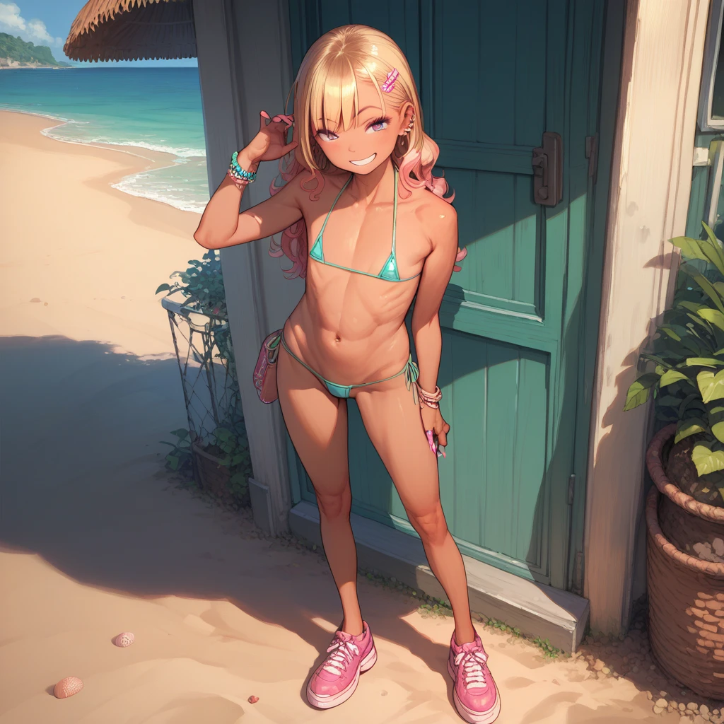 1girl,gyaru,flat chest,micro bikini,,smile,beach,full body shot,