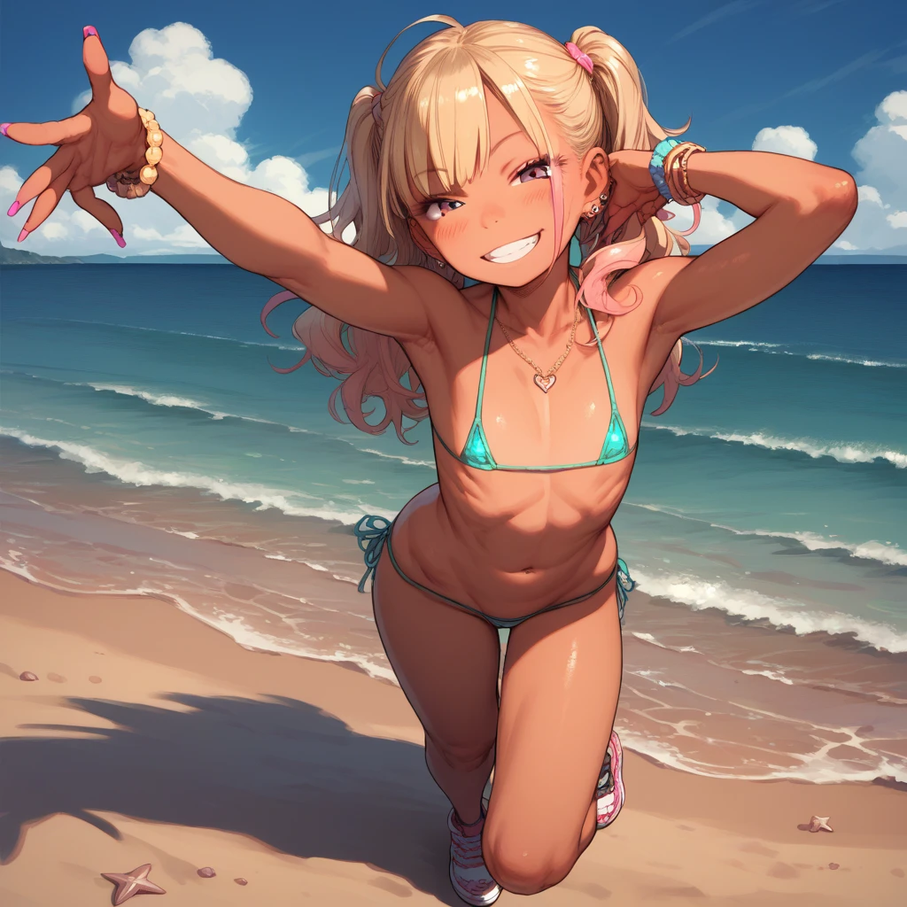 1girl,gyaru,flat chest,micro bikini,,smile,beach,full body shot,