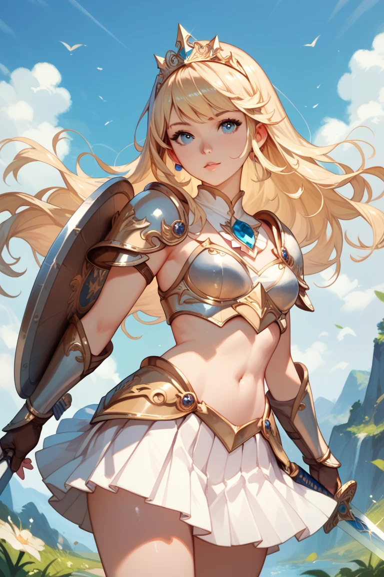 A beautiful magical girl warrior, long blonde hair, blue eyes, small breasts,Fantasy cropped armor  white pleated skirt. Tiara, sword and shield she goes on an adventure trip She walks through an imaginative landscape