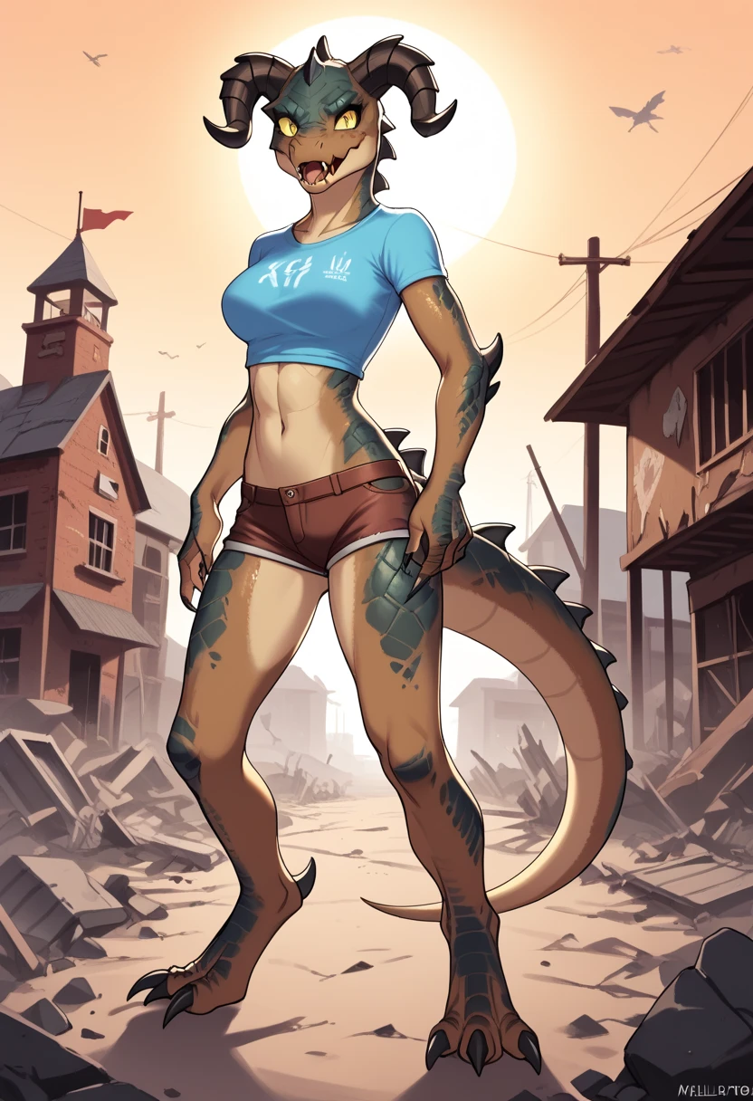 score_9, score_8_up, score_7_up, score_6_up, kemono style, Anthro female, deathclaw, yellow eyes, maw, snout,  white sclera, black scalie body, naked, cute girl, wearing tight blue shirt, brown short shorts, blue open muzzle, digitigrade legs, four toes, black toe claws, black finger claws, standing, outdoors, in a wasteland , broken buildings, smoldering rubble, 