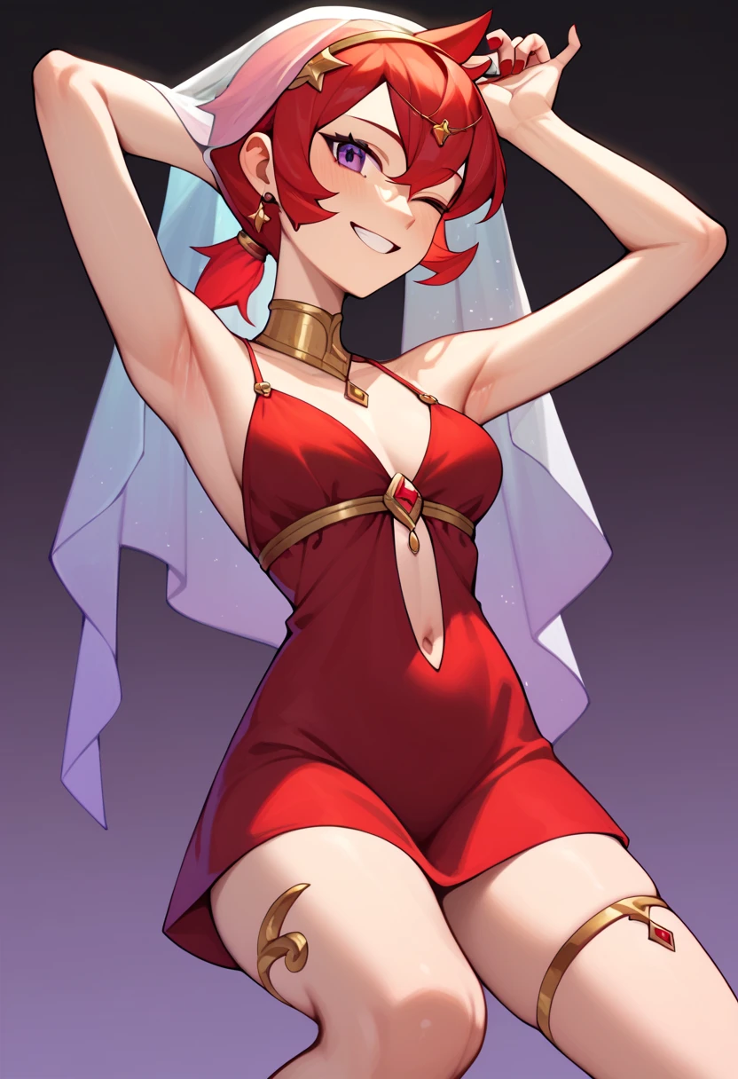 Mars, red nails, smiling, red hair, ponytail hairstyle, purple eyes, gold earings,gold brasalet,  winking one eye, white wedding dress, showing leg