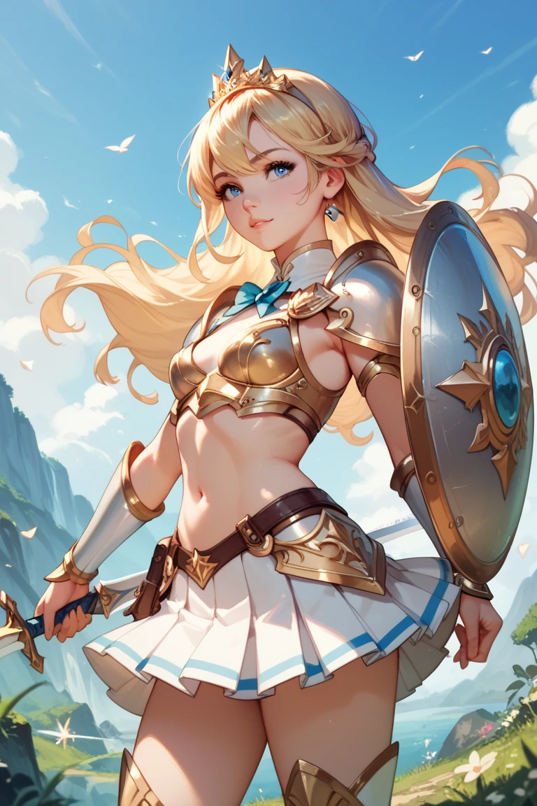 A beautiful magical girl warrior, long blonde hair, blue eyes, small breasts,Fantasy cropped armor  white pleated skirt. Tiara, sword and shield she goes on an adventure trip She walks through an imaginative landscape