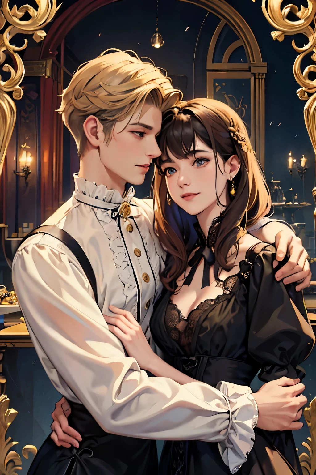 ultra fine 、 measurements、 high resolution、masterpiece、Sharp focus、3/、 official art 、 Magical Atmosphere 、 Romance 、Fashion, literature 、 Victorian style jewelry 、 delicately wrought iron decoration 、Lace dress、 emotional depth 、, luxurious and supernatural atmosphere、( men and women who love each other )、 elements of the neck and chest 、 fine hand drawing , Different hair colors, smile, happy
