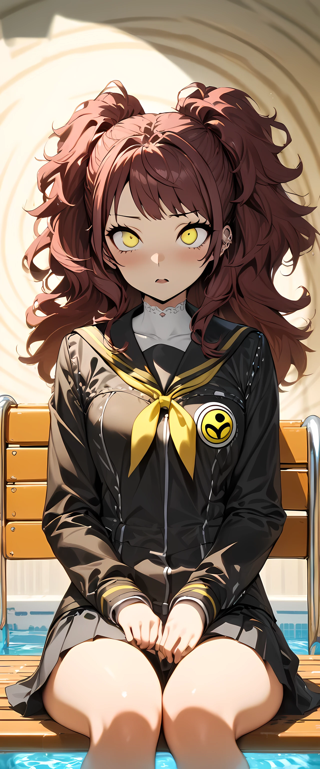 (masterpiece), best quality, expressive eyes, perfect face,1girl,kujikawa rise,persona,school uniform,yasogami high school uniform,pool resort,poolside,sitting,bench,empty stare,mouth open,hypnosis,spiral eyes