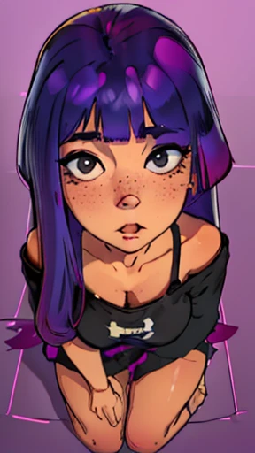 score_9, score_8_up, score_8, medium breasts, (curvy), cute, eyelashes, zzMiko, long hair, purple hair, blunt bangs, multicolored hair, 
yellow shirt, short sleeves, t-shirt, print shirt, off shoulder, animal print, jewelry, purple skirt, blue jacket around waist,  
embedding:zPDXL, Expressiveh, 
solo, smile, looking at viewer, aura,
(((lesbian))), 
(((detailed eyes))), (((detailed face))), (((detailed mouth))),  
(((masterpiece, HD, high res))), (((beautiful render art))), (((intricate details))), (full body), (((detailed shading))), 
(((FRECKLES ALL OVER THE BODY, SHINY SKIN)))
(((Squatting))), (((kneeling on floor))), (((HEAD tilted BACK))), (((looking up))), (((From Above))), (((POV top view))),  
(((Directly above angle:1.5))), (((Point slightly upwards))), (((Looking at viewer))), (((staring at viewer))), 
(((eyes squint))), (((black pupils))), 
((firm and lifted breasts)), (((MEDIUM breasts))), (((cleavage))),  
(((hands visibles))), (beautiful hands), (((open mouth))), (((mouth wide Open))), (((teeths, tongue))), 
(((Close-up of face:1.7))), (((face focus))), (((Bring your face closer:1.4))), (((Move your mouth closer))),