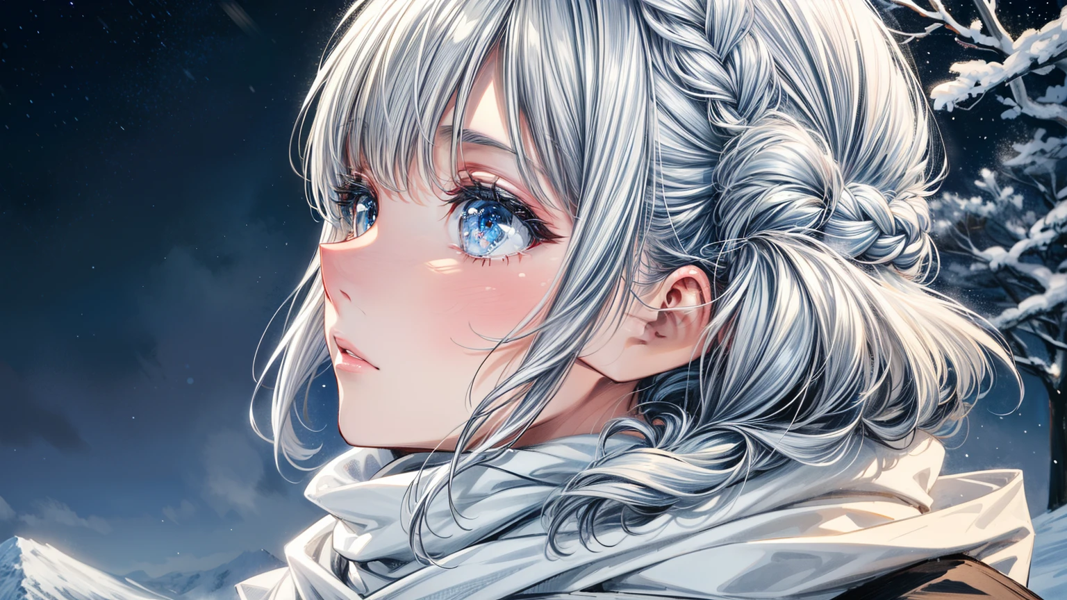 (best quality,4k,8k,highres,masterpiece:1.2, beautiful girl, detailed face, beautiful eyes, detailed eyes),ultra-detailed,white hair,scarf,snow,portrait,icy blue,soft illumination,crisp shadows, winter,serene expression,magical solitude,vivid colors,subtle gradients,fine brushstrokes, ((winter wonderland background, falling snow, night time)), (((she is staring up at the sky, side profile, faraway shot)))