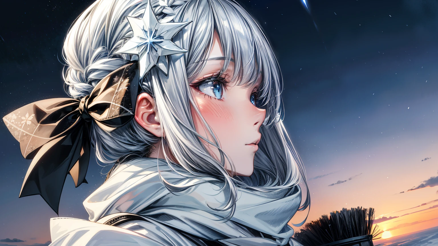 (best quality,4k,8k,highres,masterpiece:1.2, beautiful girl, detailed face, beautiful eyes, detailed eyes),ultra-detailed,white hair,scarf,snow,portrait,icy blue,soft illumination,crisp shadows, winter,serene expression,magical solitude,vivid colors,subtle gradients,fine brushstrokes, ((winter wonderland background, falling snow, night time)), (((she is staring up at the sky, side profile, faraway shot)))