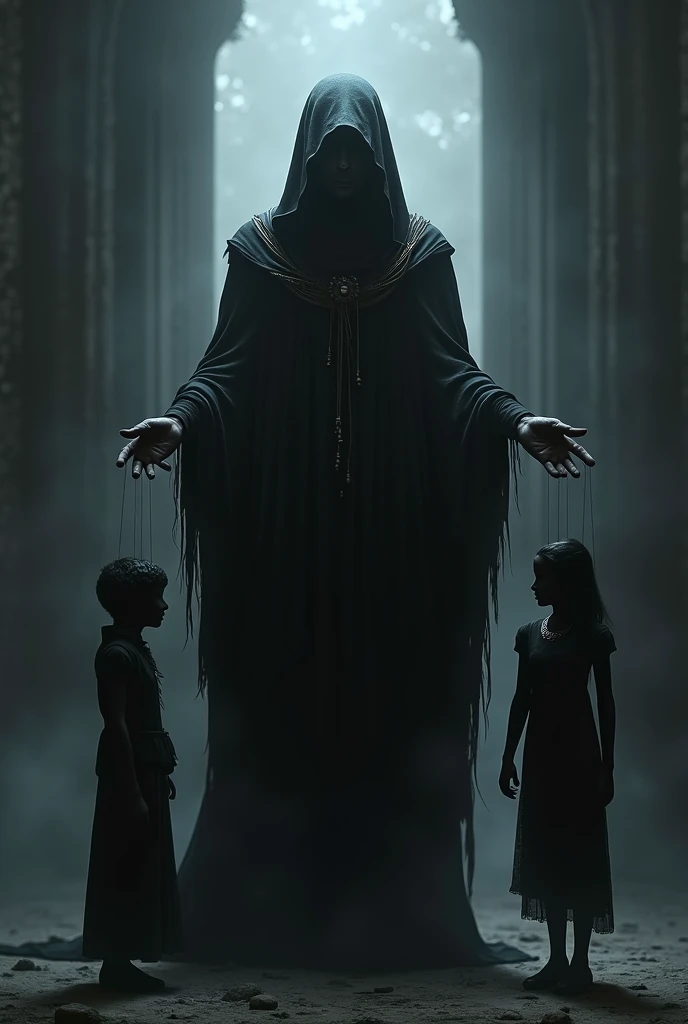 generate an image with a black cloaked Greek god moving a silhouette and a marionette puppet in the dark and the whole thing as a silhouette