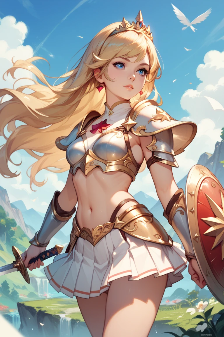 A beautiful magical girl warrior, long blonde hair, blue eyes, small breasts,Fantasy cropped armor  white pleated skirt. Tiara, sword and shield she goes on an adventure trip She walks through an imaginative landscape