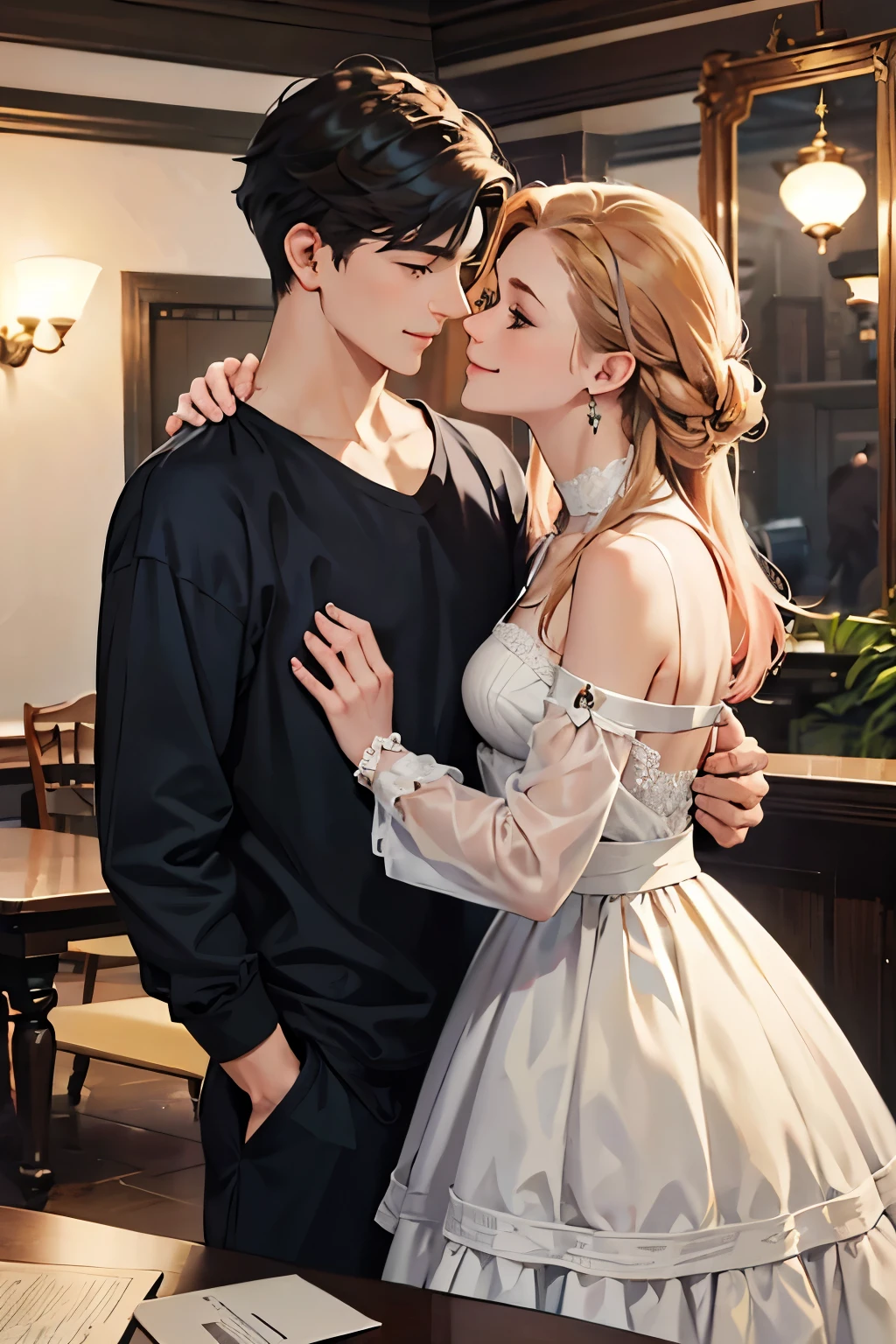ultra fine 、 measurements、 high resolution、masterpiece、Sharp focus、3/、 official art 、Comfortable atmosphere 、 Romance 、 modern fashion 、 contemporary style jewelry、 delicately wrought iron decoration 、Casual wear、 emotional depth 、Comfortable atmosphere ใจ、( men and women who love each other )、 elements of the neck and chest 、 fine hand drawing , Different hair colors, smile, happy