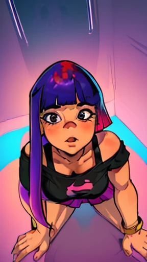 score_9, score_8_up, score_8, medium breasts, (curvy), cute, eyelashes, zzMiko, long hair, purple hair, blunt bangs, multicolored hair, 
yellow shirt, short sleeves, t-shirt, print shirt, off shoulder, animal print, jewelry, purple skirt, blue jacket around waist,  
embedding:zPDXL, Expressiveh, 
solo, smile, looking at viewer, aura, blue sky, 
(((lesbian))), 
(((UPSKIRT))), (((Skirt flipping))), (((tight miniskirt))), (((panty pull))), (((panties down))), (((sticking hand down her panties))), 
(((panties between her thighs))), ((panties pushed aside)), 
(((detailed eyes))), (((detailed face))), (((detailed mouth))),  
(((masterpiece, HD, high res))), (((beautiful render art))), (((intricate details))), (full body), (beautiful feet, beautiful hands), (((detailed shading))), 
(((looking at the viewer))), (((FRECKLES ALL OVER THE BODY, SHINY SKIN)))
(((view from behind))), (((POV top view))), ((Directly above angle:1.5)), ((Point slightly upwards)), 
(((looking back))), (((HEAD completely turned BACK))), (((staring at viewer))), (((black pupils))),  
(((Stick your ass out))), (((laying on GROUND))), (((laying on stomach))), (((head on FLOOR))), ((on all fours)), (()),  
(open legs), (showing ass), (((naked ass))), (showing butt), (((naked butt))), (((naked vagina))), (((showing vagina))), (((tight vagina))),
(((hands and feet visibles))), (((beautiful hands))), (((beautiful feet))), (full body), ((grabbing his ass)), (((shocked expression))), ((beautiful mouth)), 
((firm and lifted breasts)), (((MEDIUM breasts))), (rear view:1.2)