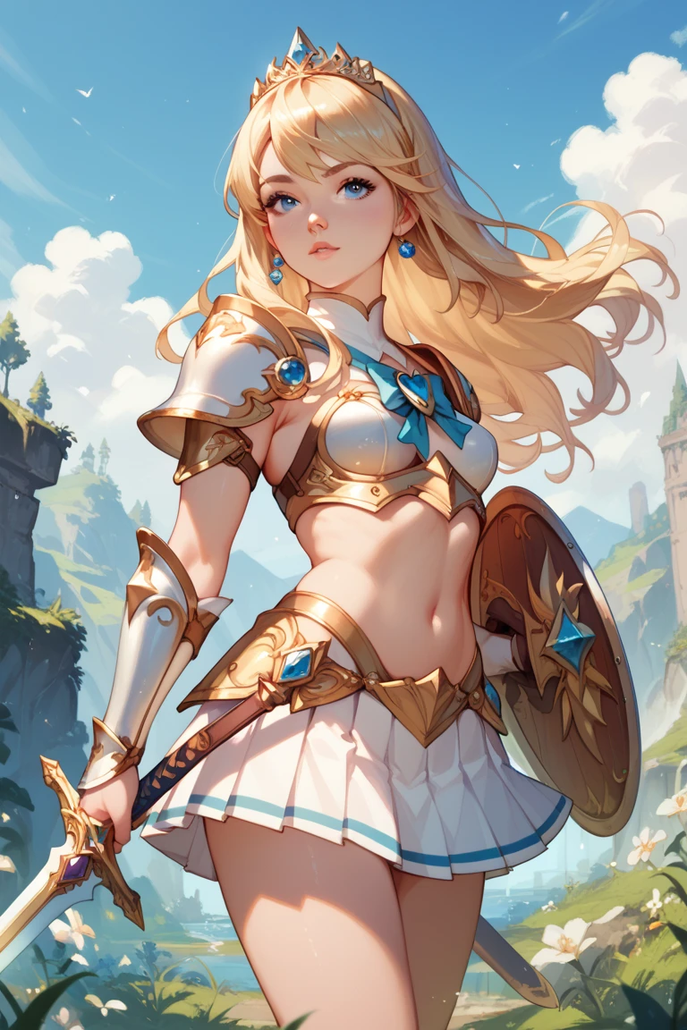 A beautiful magical girl warrior, long blonde hair, blue eyes, small breasts,Fantasy cropped armor  white pleated skirt. Tiara, sword and shield she goes on an adventure trip She walks through an imaginative landscape