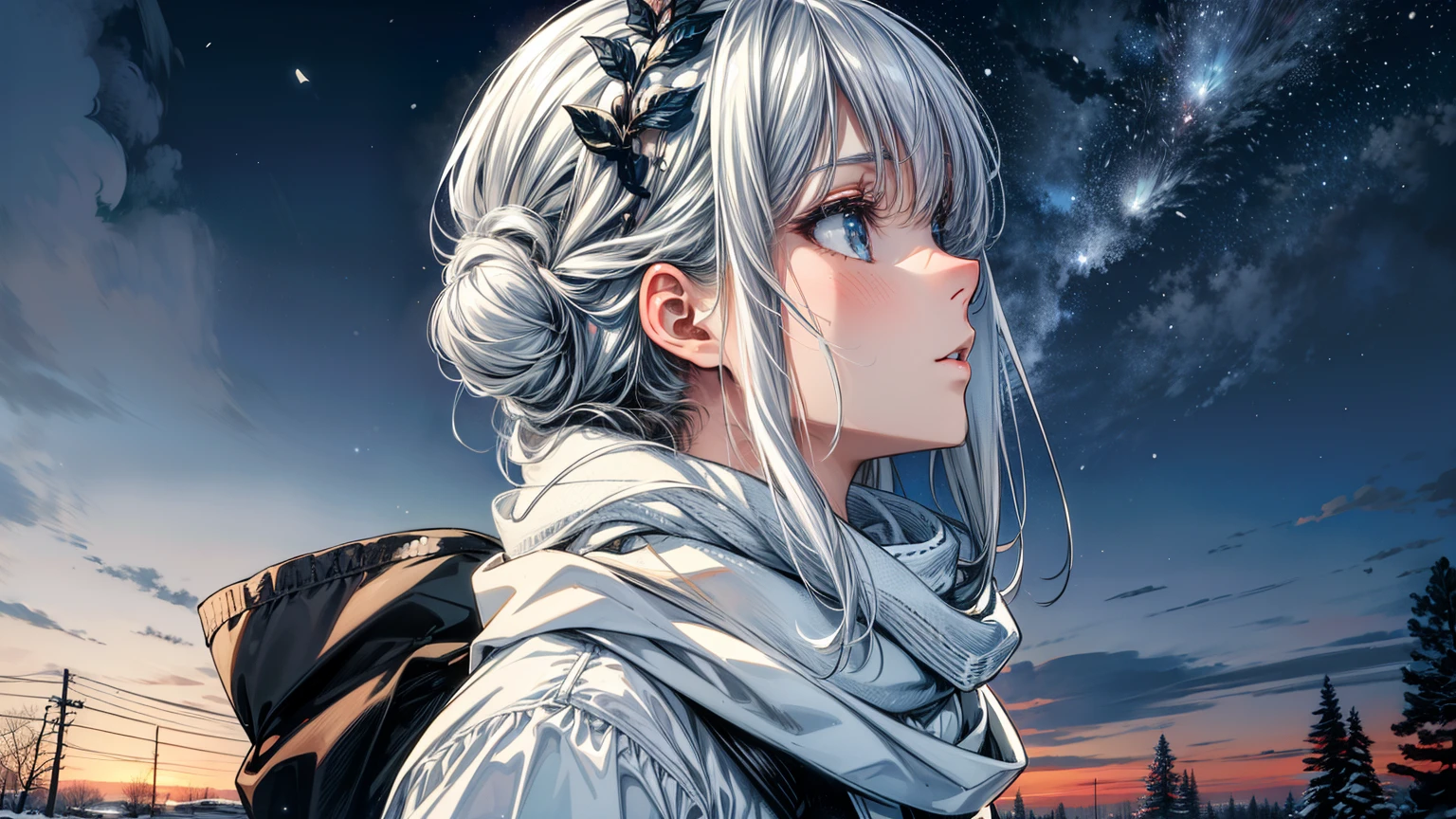 (best quality,4k,8k,highres,masterpiece:1.2, beautiful girl, beautiful eyes, detailed eyes),ultra-detailed,white hair,scarf,snow,portrait,icy blue,soft illumination,crisp shadows, winter,serene expression,magical solitude,vivid colors,subtle gradients,fine brushstrokes, ((winter wonderland background, falling snow, night time)), (((she is staring up at the sky, side profile, faraway shot)))