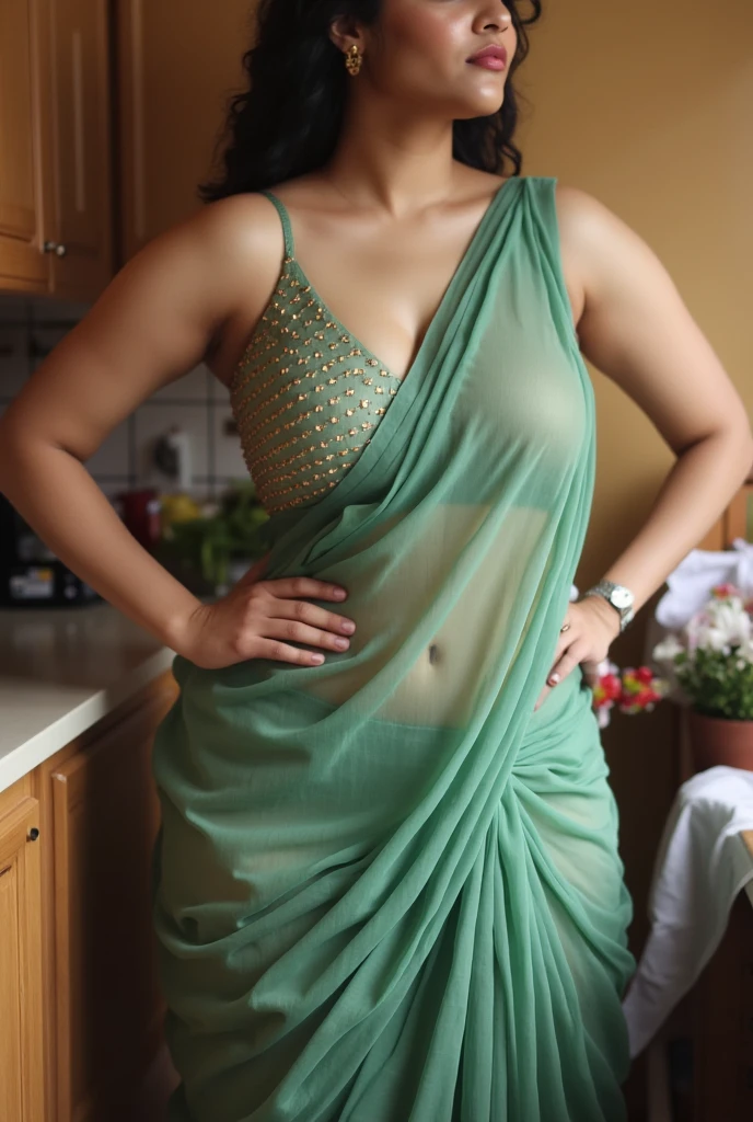 A 38 year old Indian mom with a figure of 36d-30-38 wearing a thin saree