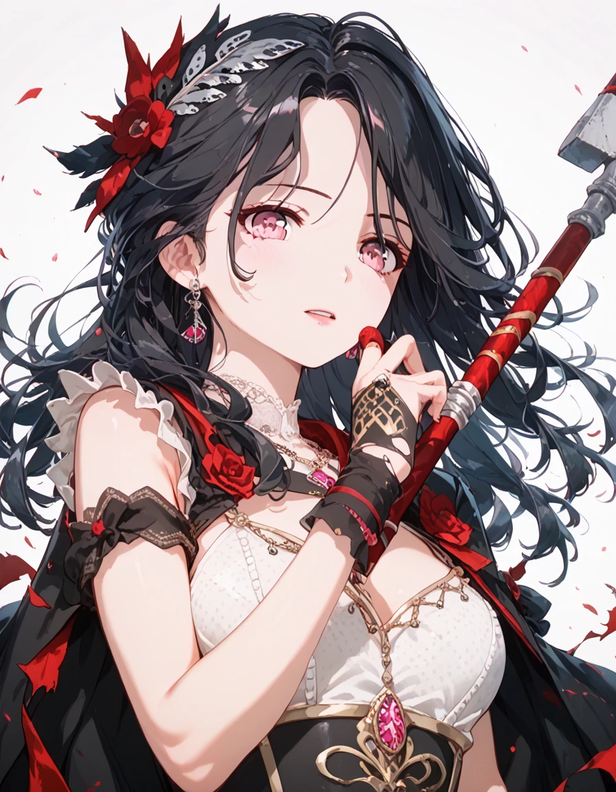  high definition  , masterpiece, top quality,  girl,  long hair on background,  unkempt hair, Black Hair,  shirt, Blacksmith, I'm wearing a torn cloak, hammer,  Light Background ,  pink eyes