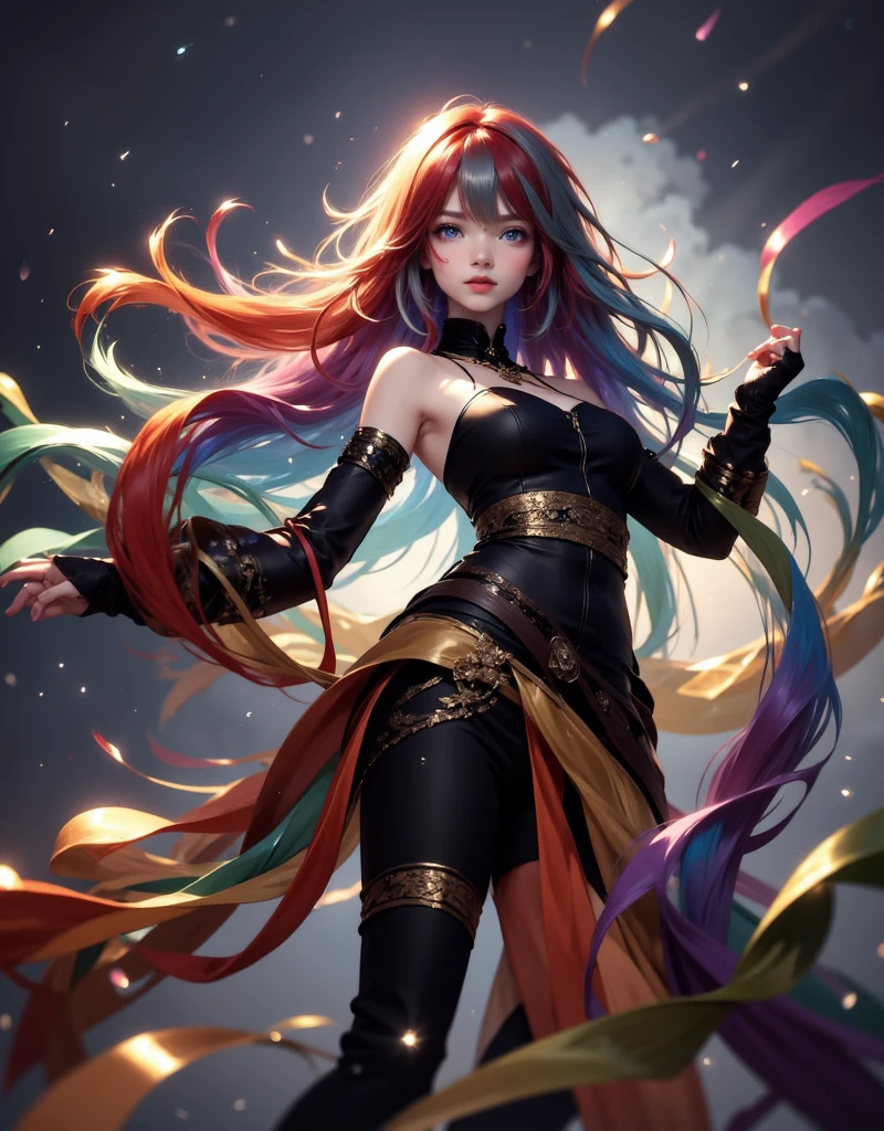 (quality, masterpiece, colorful, dynamic angle, highest detailed) (official art, extreme detailed, highest detailed)ression, long  dark red hair, small breasts, mischievous eyes, wearing pelvic curtain, black clothes, chains, bracelets all over arms, (((very slender body, petite))), haughty expression, slutty, revealing clothing, chain mail bikini, visible thong straps, bratty, xyzhelsie