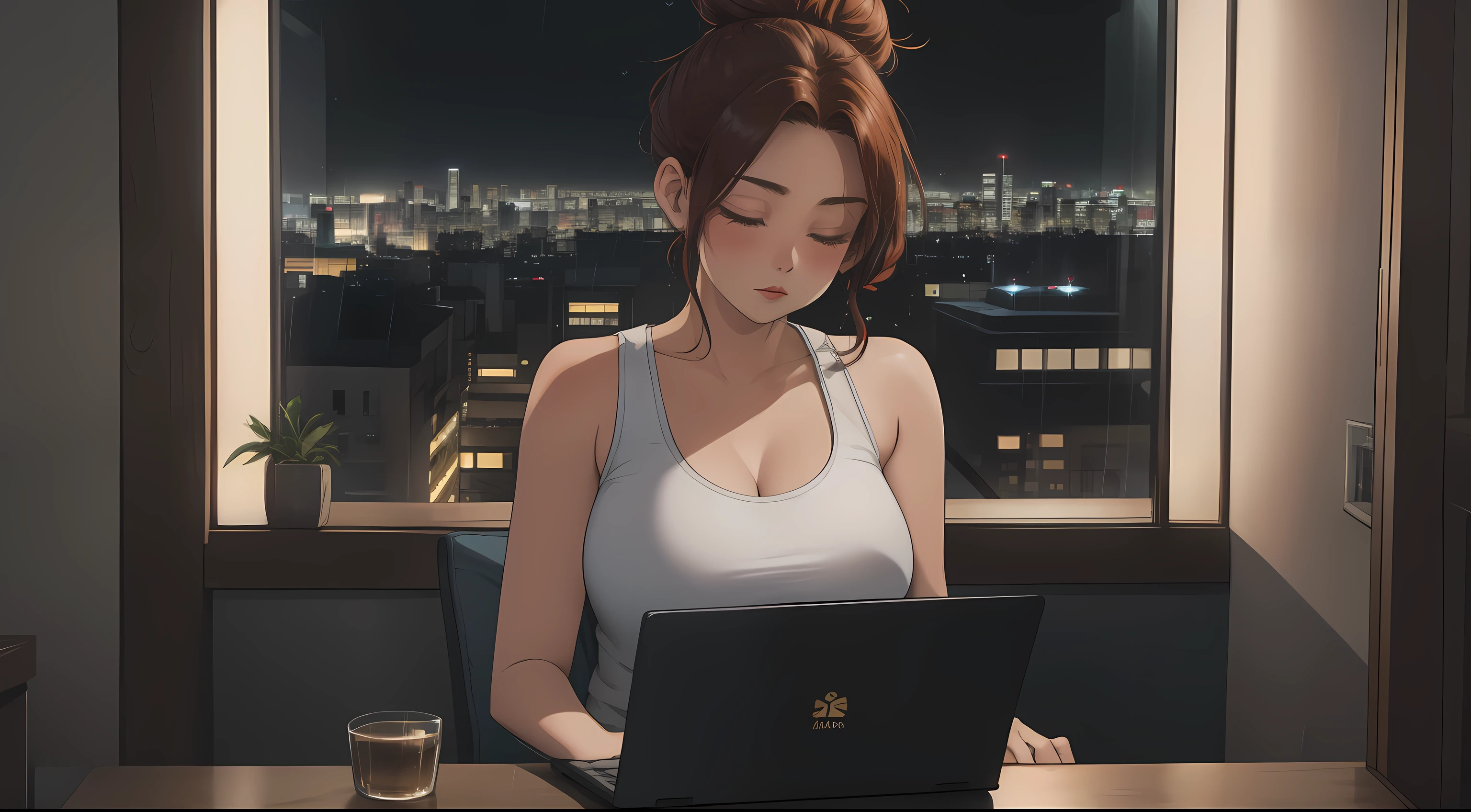 "A cozy room night scene rainy featuring A woman big bobs with short wavy auburn hair tied in a loose bun, wearing a white tank top and fit jeans, The woman is focused on typing on a laptop placed on the desk. Behind her, a large glass window reveals a view of a Japanese city during the rainy season, with raindrops on the glass and soft city lights glowing in the background.