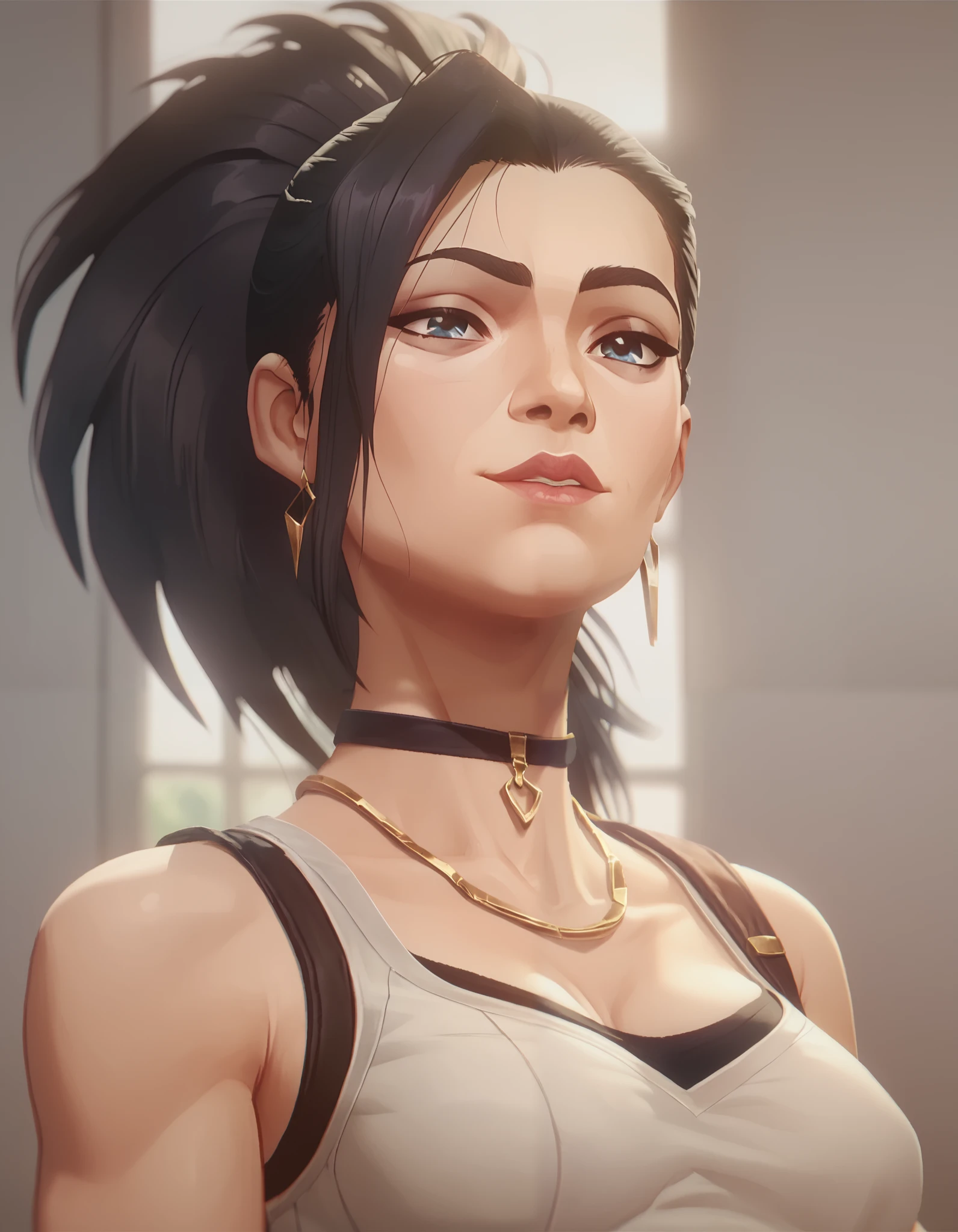 Arcane style, 1girl, Armband, Symmetrical bangs, quiff, black hair, black undershirt, Blue skirt, looks at the viewer, ssmile, good face, kblack eyes, jour, black hair, hairlong, red-lips, Shirt, 独奏, standingn, Good, ninja, upper-body, \(naruto\)