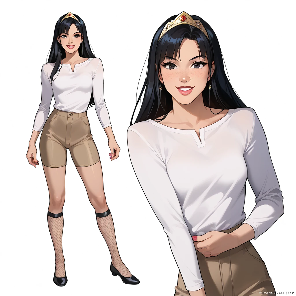 ((full body photo, standing, feet on the ground))Yara Flor - Wonder ((character design sheet)), masterpiece, best quality, highly detailed, score_9, score_8_up, score_7_up, score_6_up, anime font ,BREAK, 2 woman, long black hair, bangs in hair, black eyes, hair tiara, small breasts, looking at viewer, freckles, parted lips, smile, full body, lips red, lips, from the front, she looks at you, her gauze hurts, fishnets, white background, neutral cast, dance pose, leather ballet slipper
