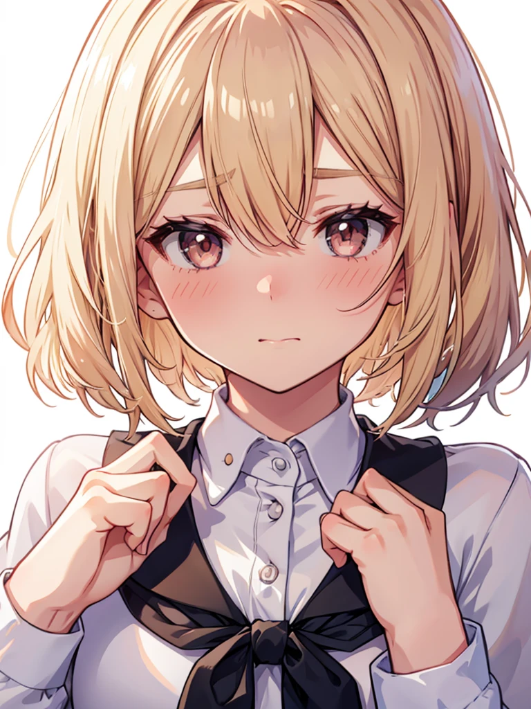 1girl,  small breasts,school uniform,
face close-up,raise your hand,I can see the side,
eliminate shadows
blonde hair,short hair,blonde eyes,blush, nose blush, embarrassed,very embarrassed,face forward,best quality, high definition , masterpiece,  Minimalist , accurate, 