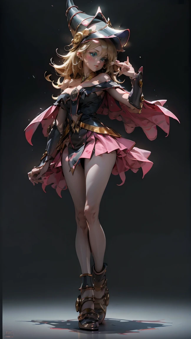 darck Magician girls dressed in white and bright gold. She has blonde hair . green eyes. blush on cheek. She has a white Christmas hat . Her dresses are white and bright gold . She has a . she wears black stockings . She has gold heels . full body shot. She's standing . pose sensual.