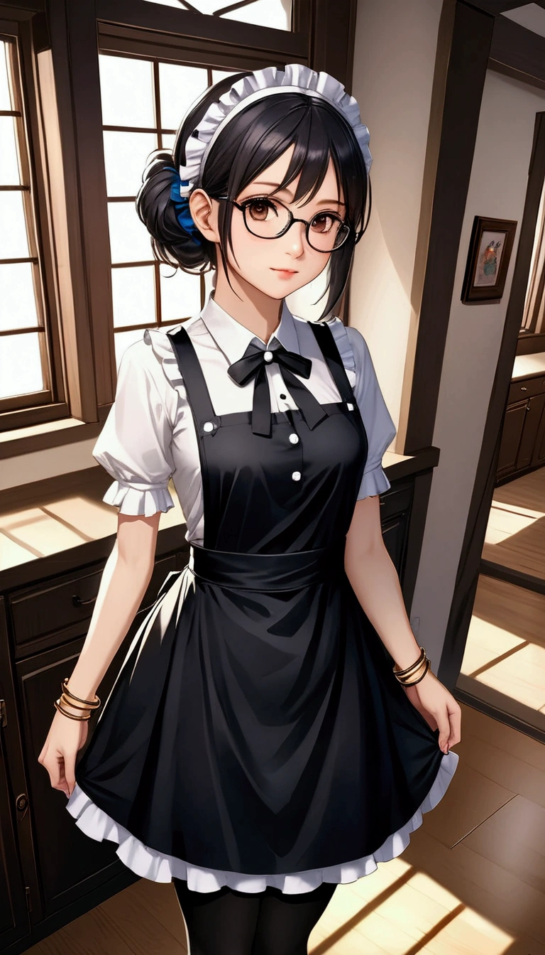 Top quality, high resolution, masterpiece, high resolution, textured skin, realism, detailed face, CG, beautiful and very cute young woman (randomly selected race, hairstyle, hair length, hair color, with or without glasses) wearing shiny black knee-high socks (absolute territory), black strap shoes, knee-length black maid apron, short-sleeved white blouse with buttons and frills, headband, bangles, anklets, ((full body)), woman standing performing random poses: 5.5), (camera angles randomly determined from all angles including steep angles centered on woman: 5.8), indoor locations randomly selected (morning, noon, evening, night, weather, also random: 5.4), perfect hands, feet and body structure