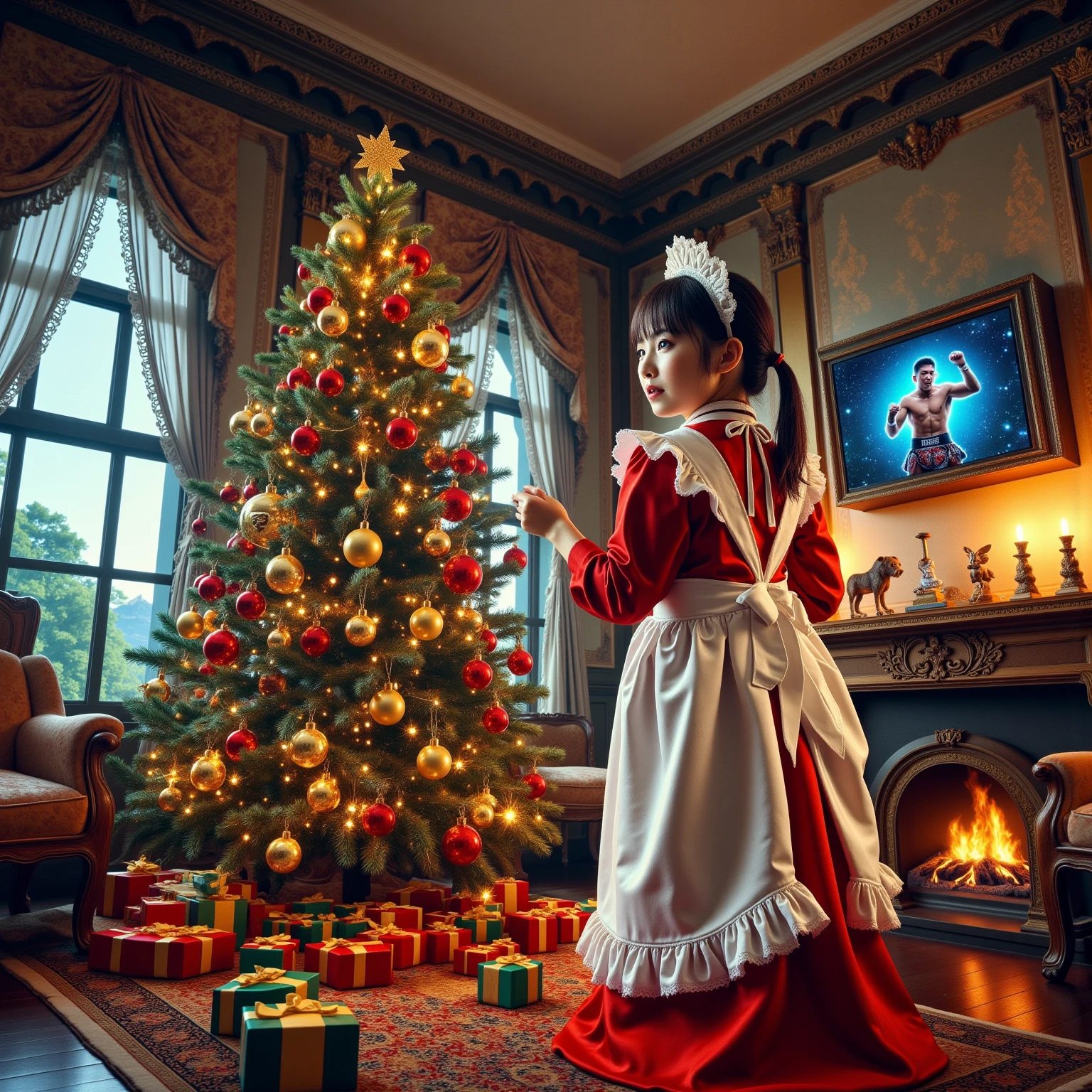 ultra-realistic, photorealistic, dramatic scene, shadow, global-illumination, solo, (a beautiful Japanese maid girl is decorating a Christmas tree in a antique room of the old European castle), cute colored maid costume, gorgeously antique furnishings, gorgeously decorated with Christmas decoration in the room, the large vintage TV displays\(Muay Thai fighter vs. terrifying man-eating panda, there are the shouting Muay Thai fighter and terrifying panda with fang, volcano, thunder, giant meteorite, galaxy, blackhole, missile, explosion, Muay Thai fighter shows extremely painful expressions\), bright ceiling lighting in the room, peaceful sunny day, she is looking back and showing a gentle smile, dynamic pose