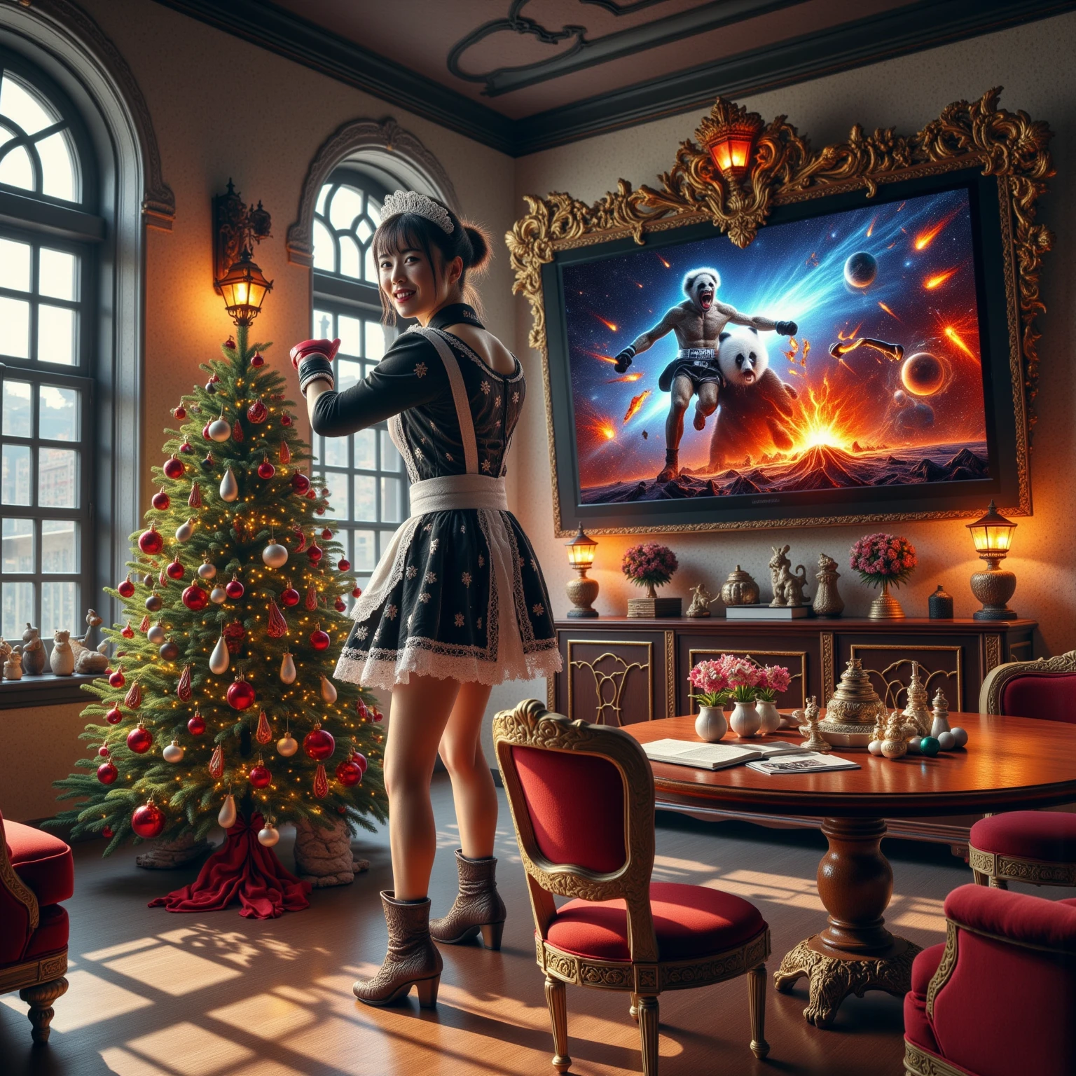 ultra-realistic, photorealistic, dramatic scene, shadow, global-illumination, solo, (a beautiful Japanese maid girl is decorating a Christmas tree in a antique room of the old European castle), cute colored maid costume, gorgeously antique furnishings, gorgeously decorated with Christmas decoration in the room, the large vintage TV displays\(Muay Thai fighter vs. terrifying man-eating panda, there are the shouting Muay Thai fighter and terrifying panda with fang, volcano, thunder, giant meteorite, galaxy, blackhole, missile, explosion, Muay Thai fighter shows extremely painful expressions\), bright ceiling lighting in the room, peaceful sunny day, she is looking back and showing a gentle smile, dynamic pose