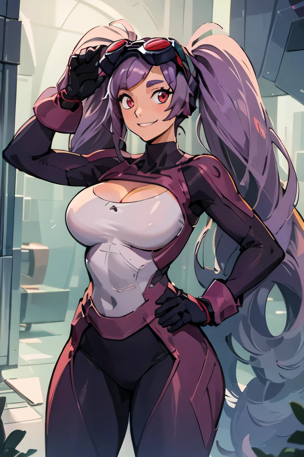 ((masterpiece,best quality)), absurdres, zzEntrapta, red eyes, purple hair, long hair, twintails, very long hair, gloves, bodysuit, goggles on head, large breasts, cleavage, clothing cutout,  solo, cowboy shot, hand on hip, smile, looking at viewer, sexy, curvy hips