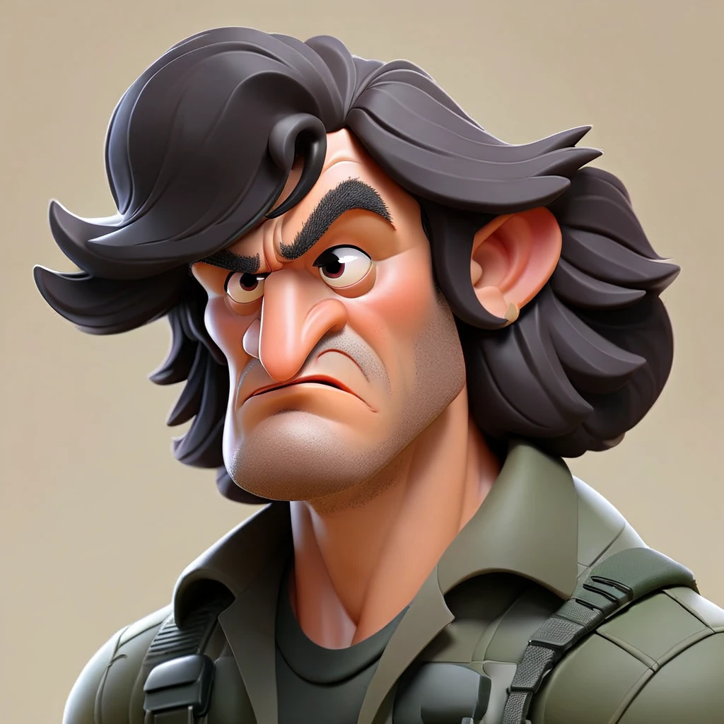 John Rambo cartoon,  Long hair, profile, detailed