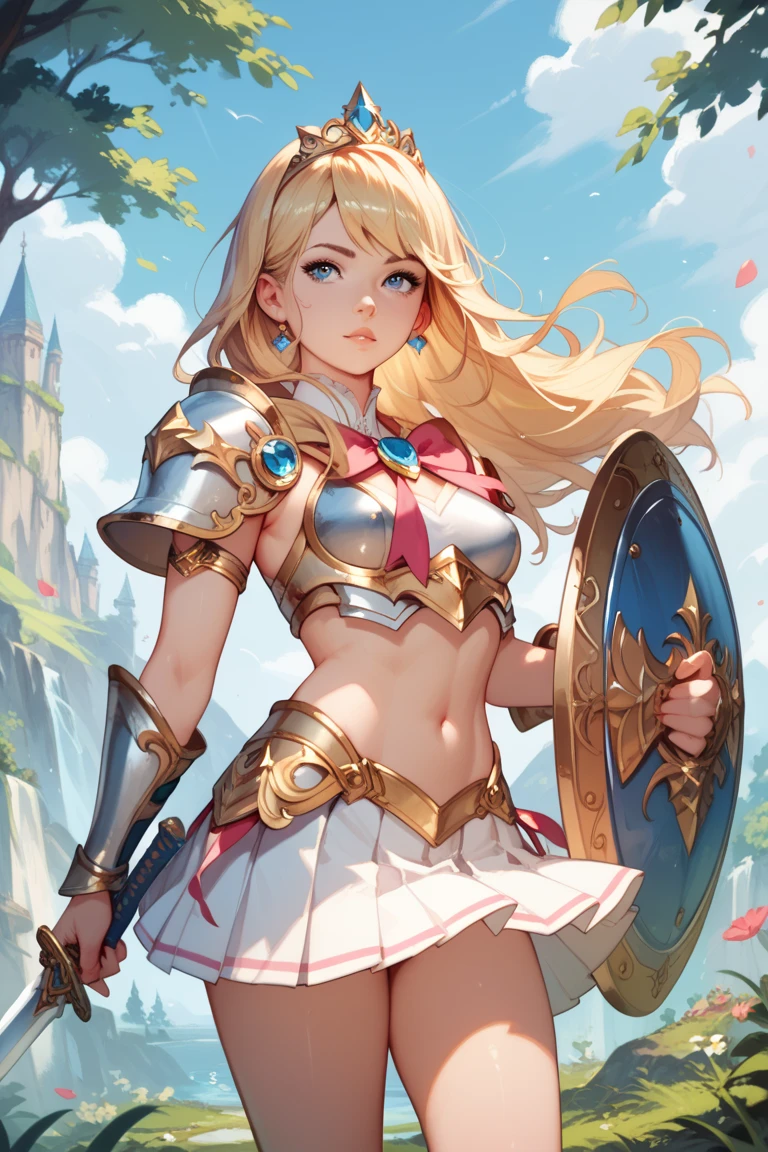 A beautiful magical girl warrior, long blonde hair, blue eyes, small breasts,Fantasy cropped armor  white pleated skirt. Tiara, sword and shield she goes on an adventure trip She walks through an imaginative landscape