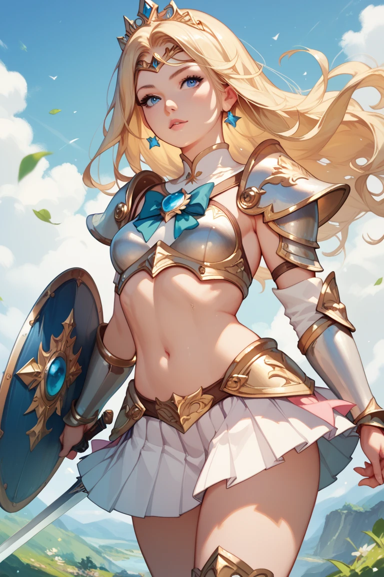 A beautiful magical girl warrior, long blonde hair, blue eyes, small breasts,Fantasy cropped armor  white pleated skirt. Tiara, sword and shield she goes on an adventure trip She walks through an imaginative landscape