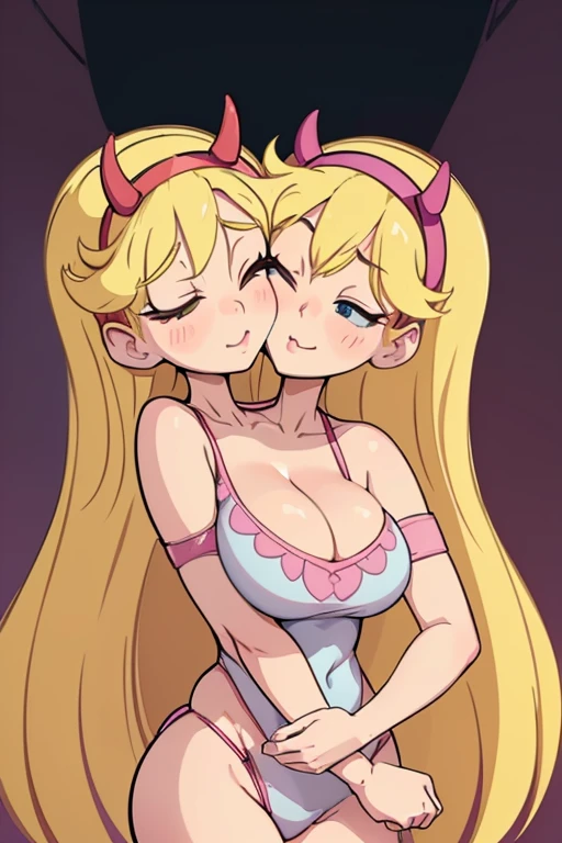 One girl, solo, High resolution, (Star Butterfly)、Sexy Swimwear, cute smile、adult woman, (two heads, conjoined_dicephalus), cleavage, cheeks rubbing together, ((kissing:1.3)), hands on body, ((horn hairband)), (blonde hair), large breasts, hugging herself