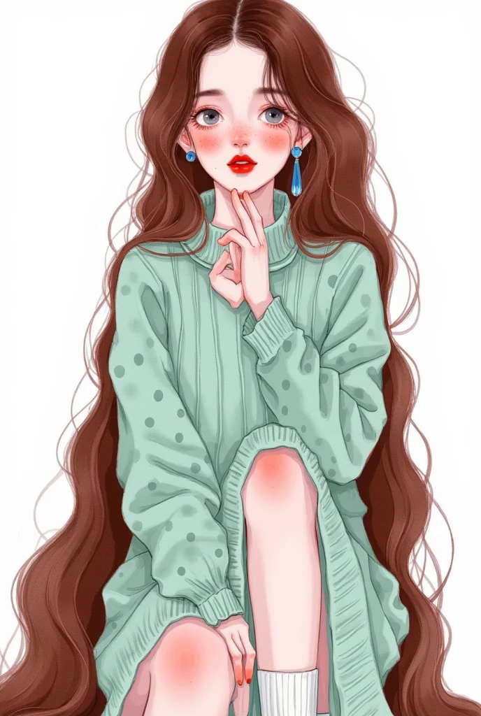 ( is of the best quality,4K,8k, high resolution,masterpiece:1.2),Super details,(Actual,photoActual,photo-Actual:1.37),Unique style, charming girl sitting,Long Neck,Big Head,Exaggerated hairstyle,hairy hair,Freckles,  exaggerated expression  , surrealism , duck egg green polka dot sweater ,细节,,hairy,sock,Clean background,Hand-drawn style,Pencil drawing, charming, Smooth Lines ,Clean silhouette,Simple composition 