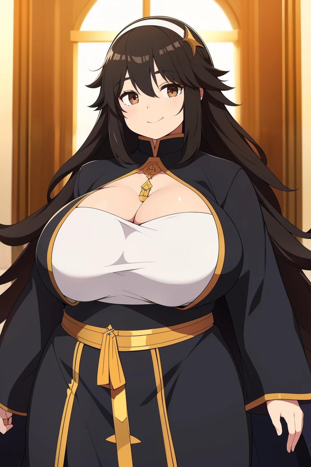 Chubby girl with big breasts brown eyes long and messy black hair smiling black archbishop's clothes