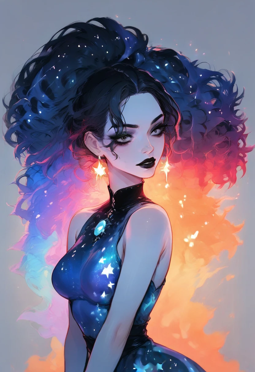 (masterpiece), best quality, expressive eyes, perfect face,A woman, anime style, pale skin, black eyes, black eyeshadow, black lipstick, black eyeliner, huge hair, black hair, dress made of cosmic dust, dress made of galactic dust, wide hips, thick thighs, medium breasts, sexy,((COSMIC DRESS)),(STARDUST DRESS,cosmic dress