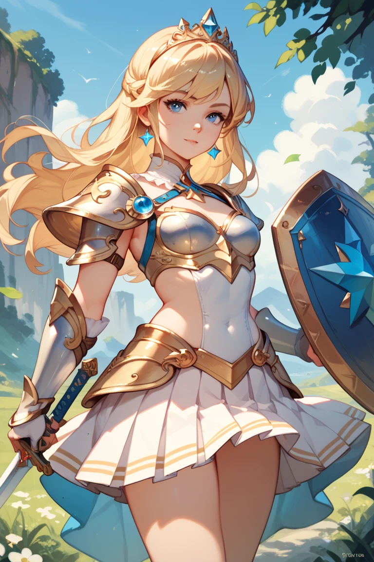 A beautiful magical girl warrior, long blonde hair, blue eyes, small breasts,Fantasy cropped armor  white pleated skirt. Tiara, sword and shield she goes on an adventure trip She walks through an imaginative landscape