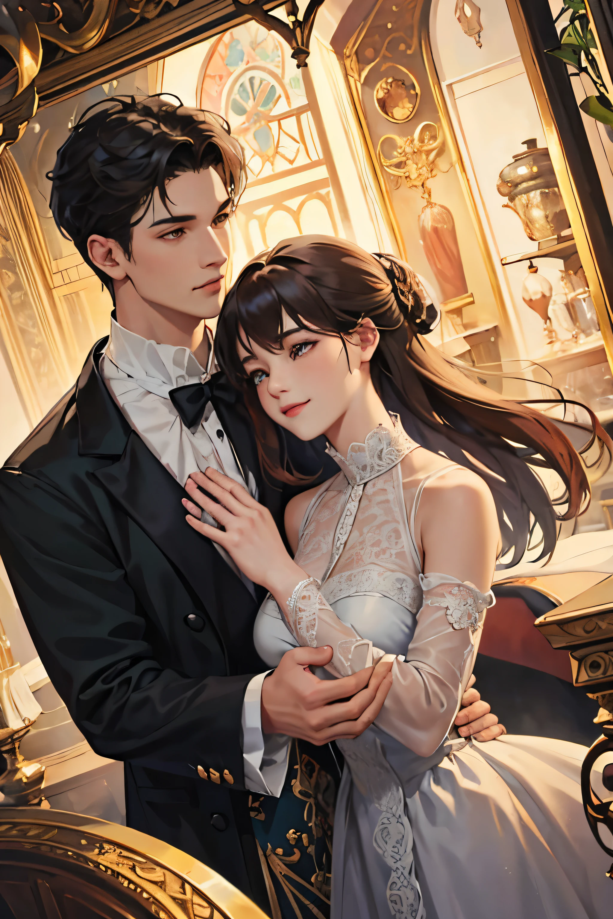 ultra fine 、 measurements、 high resolution、masterpiece、Sharp focus、3/、 official art 、 Magical Atmosphere 、 Romance 、Fashion, literature 、 Victorian style jewelry 、 delicately wrought iron decoration 、Lace dress、 emotional depth 、, luxurious and supernatural atmosphere、( men and women who love each other )、 elements of the neck and chest 、 fine hand drawing , Different hair colors, smile, happy , Faces close together