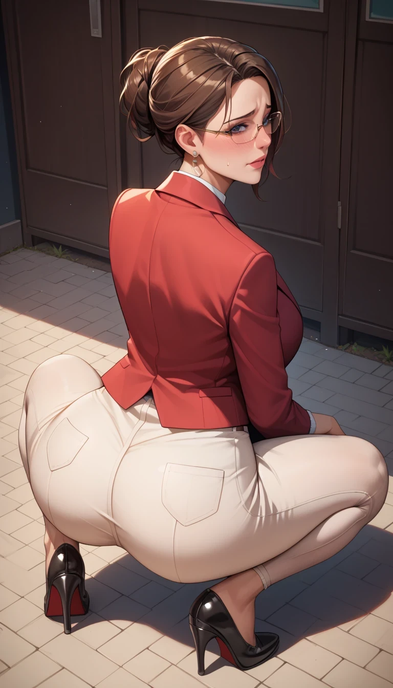 Score_9, Score_8_up, Score_7_up, Score_6_up, Score_5_up, Score_4_up, Source_anime, Tag1, Tag2, Best quality, High quality, Detailed, High resolution, 8k, Ultra high res, Soft saturation, Professional quality, Perfect contrast, Perfect litthing, Anatomically correct, Huge breasted, Wide hips, Gargantuan butt, Sensual woman, mature female, milf, motherly, Embarrassed, shy, seductive BREAK high-angle view, fully clothed, Squatting, Spread legs, leaning back, arched back, leaning backward
