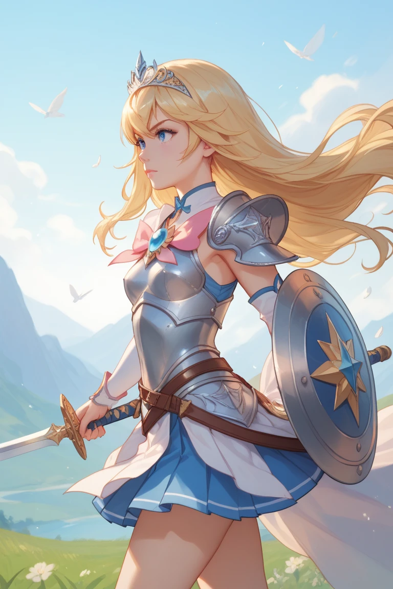 A beautiful magical girl warrior, long blonde hair, blue eyes, small breasts,Fantasy cropped armor  white pleated skirt. Tiara, sword and shield she goes on an adventure trip She walks through an imaginative landscape