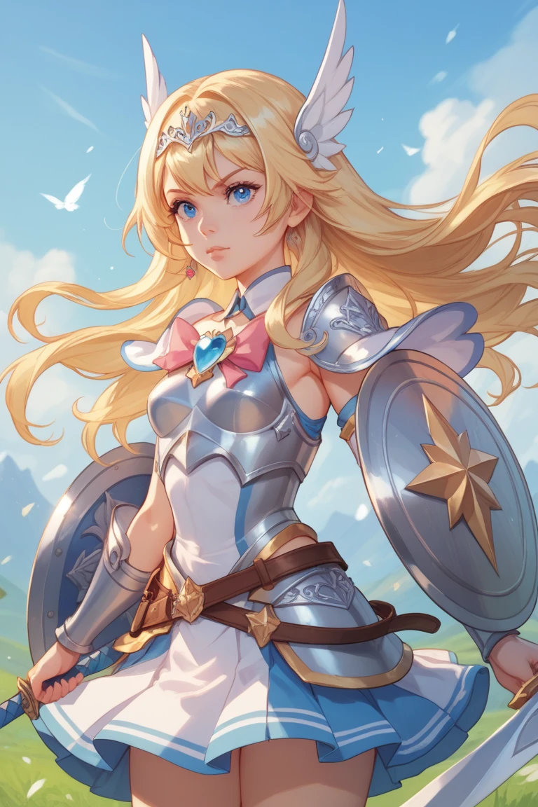 A beautiful magical girl warrior, long blonde hair, blue eyes, small breasts,Fantasy cropped armor  white pleated skirt. Tiara, sword and shield she goes on an adventure trip She walks through an imaginative landscape