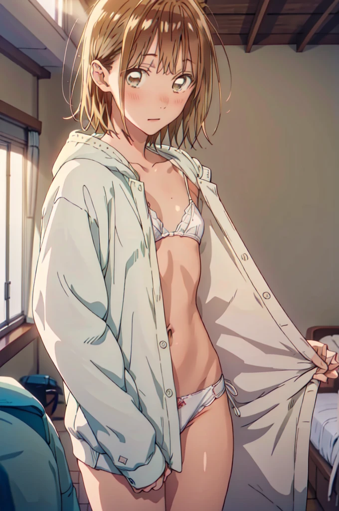 Chinatsu Kano, Chinatsu Shikano, 1 girl,Alone,  I'm changing clothes in the bedroom,  white lace panties,Small underwear, I'm on my way to taking off my white shirt,