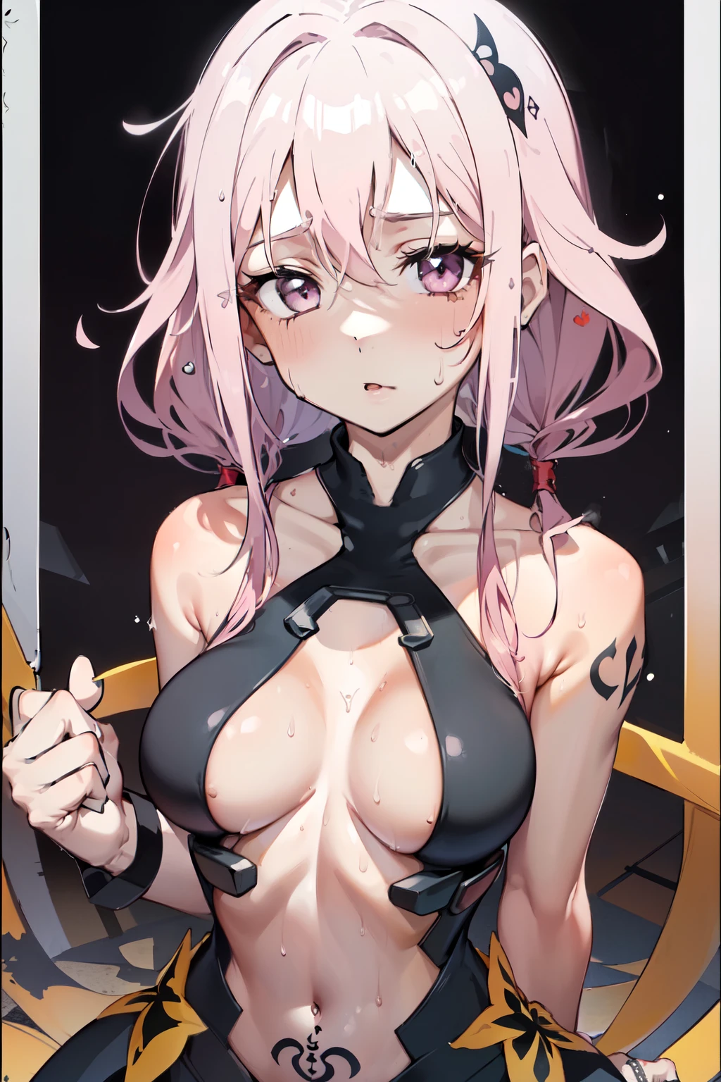 Optimal，masterpiece，High resolution，Highest quality，(Upper body photo)、((Wearing a camisole, sweaty:1.5)). Cute face，Pink Hair、Long Hair、Twin tails、((Shooting from the front:1.5)), Big Breasts, ((Clock Top)), wet, qos, ((queen of spades symbol, tattoo :1.3)).