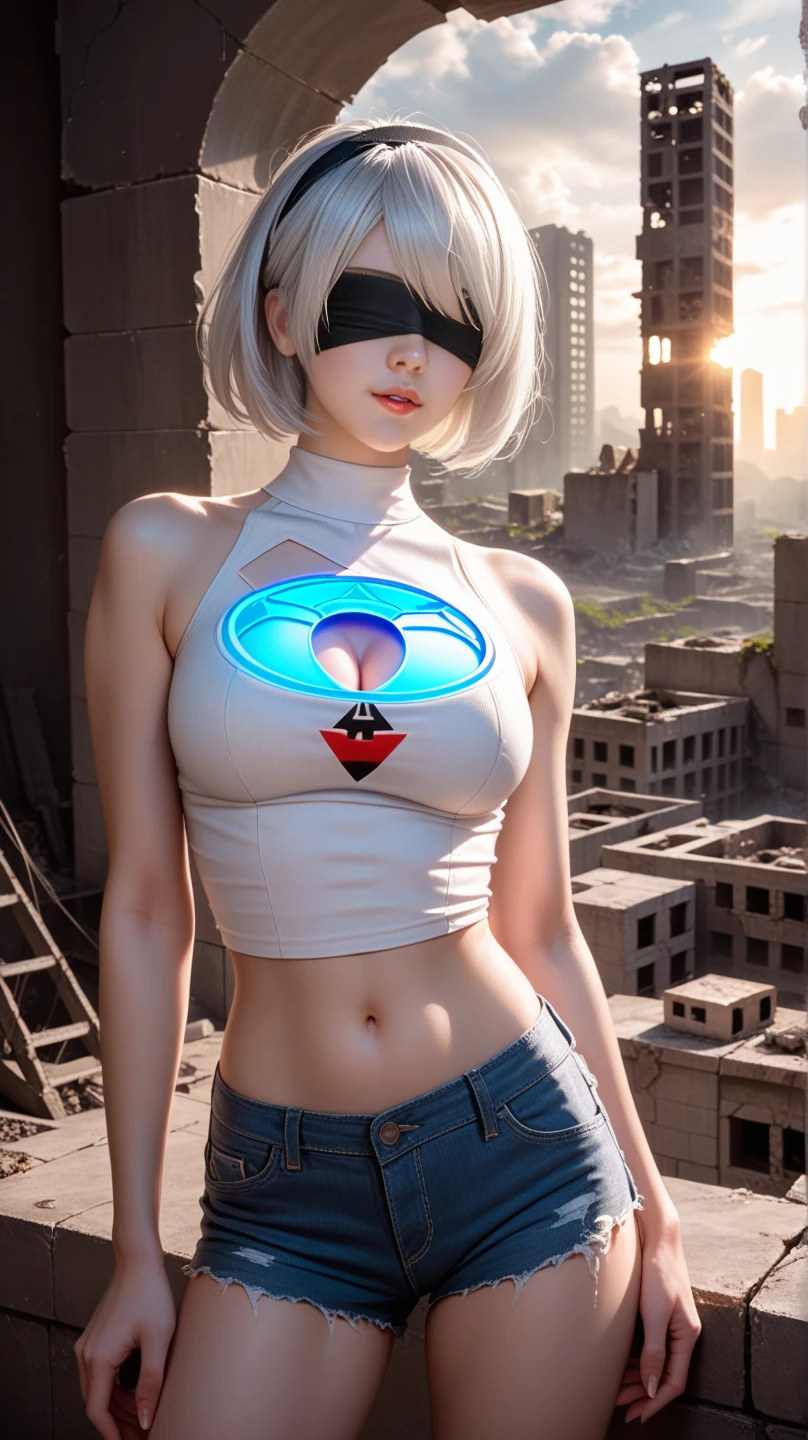 score_9, score_8_up, score_7_up, 32k,masterpiece, highest quality, 
photo realistic, super detail, vibrant colors, chiaroscuro lighting, cinematic lighting,
1 woman, inspired nier automata 2B, bob cute, white hair, bangs, mole under mouth, blindfold, Strapless white tank top with an exposed belly, tight white denim shorts, cleavage cutout, ruins, a ruined world, devastated cities, remnants of mechanical life forms, dark cloudy sky, standing on the edge of a dilapidated building.