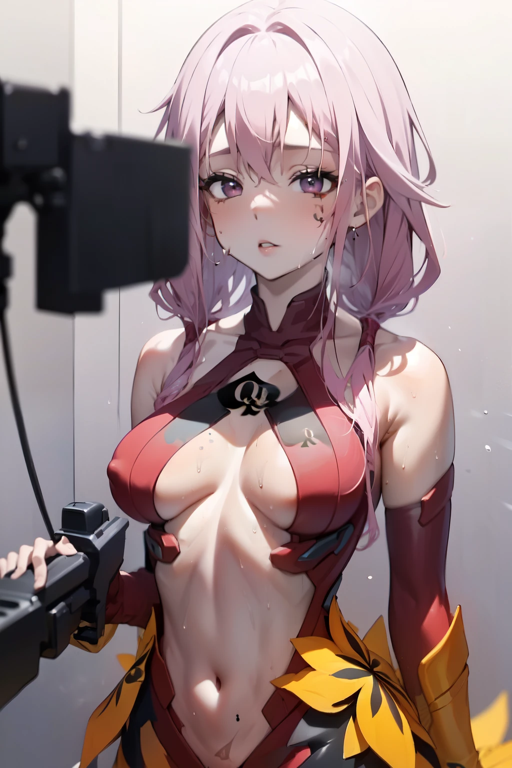 Optimal，masterpiece，High resolution，Highest quality，(Upper body photo)、((Wearing a camisole, sweaty:1.5)). Cute face，Pink Hair、Long Hair、Twin tails、((Shooting from the front:1.5)), Big Breasts, ((Clock Top)), wet, tattoo, qos, ((queen of spades symbol:1.3)).