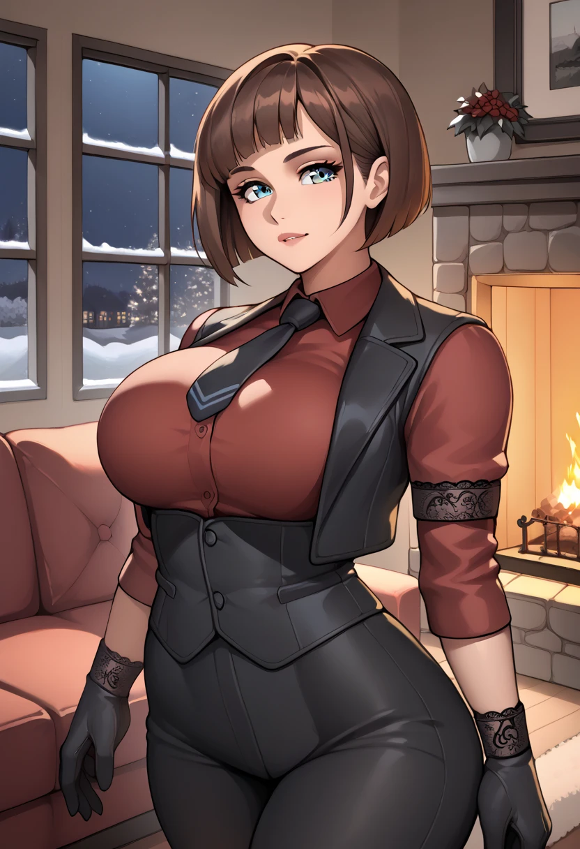 score_9, score_8_up, score_7_up, source_anime, 1woman, mature, human female, human, detailed face, jawline, smooth skin, beige skin, beautiful eyes, blue eyes, brunette, big breasts, bob cut hair, indoors, couch, fireplace, night, window, snow, red shirt, black necktie, long sleeves, arm garter, black gloves, black vest, waistcoat, black pants,