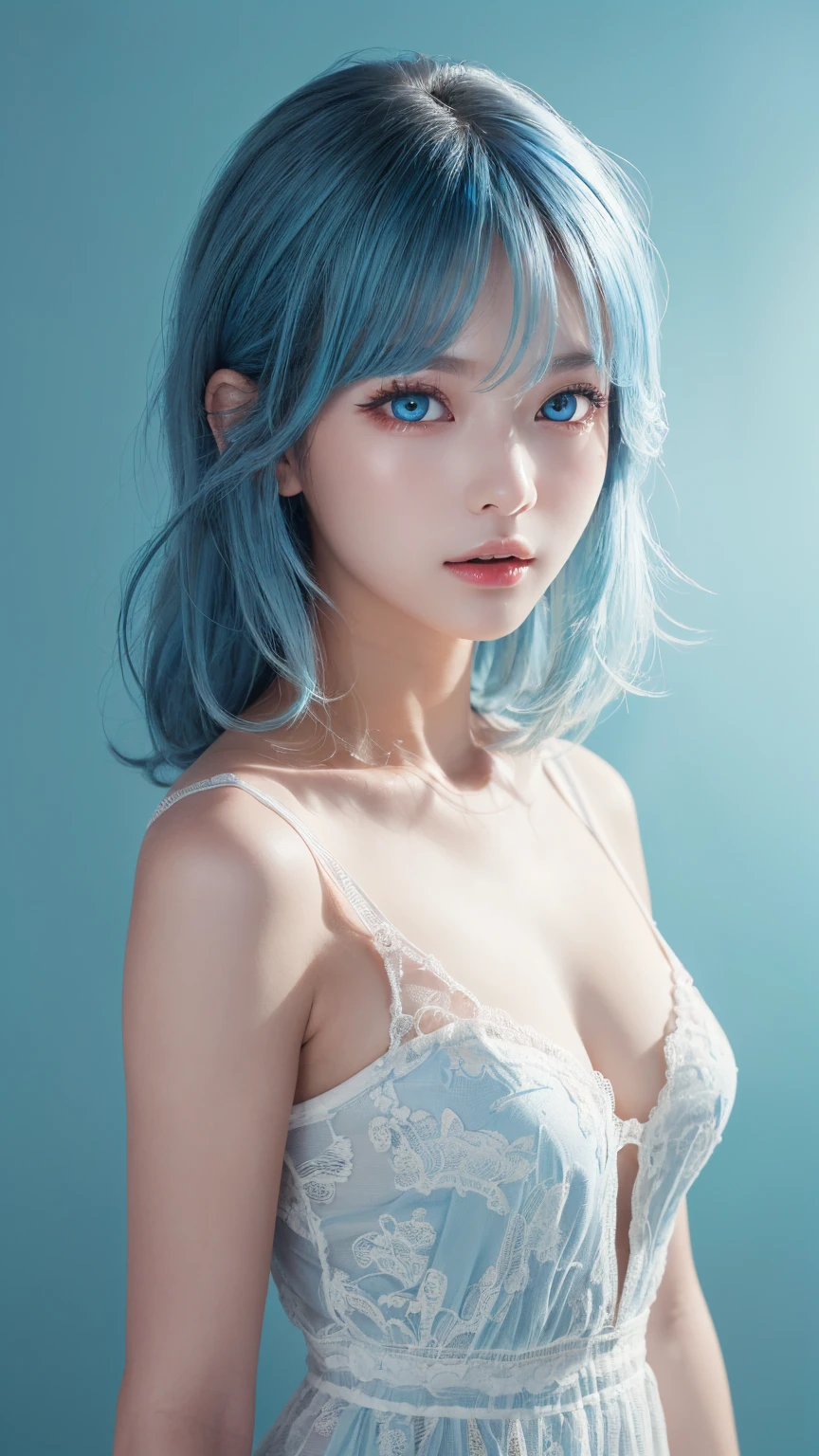 (超 high definition , masterpiece,  anatomically accurate, textured skin,  super detailed,  top quality,  high definition , 8k）Light blue hair, Blue Eyes,   blue and white,  bright color,  white dress,  simple background,  ray tracing,  wavy hair 、Virtual Space、future、SF、