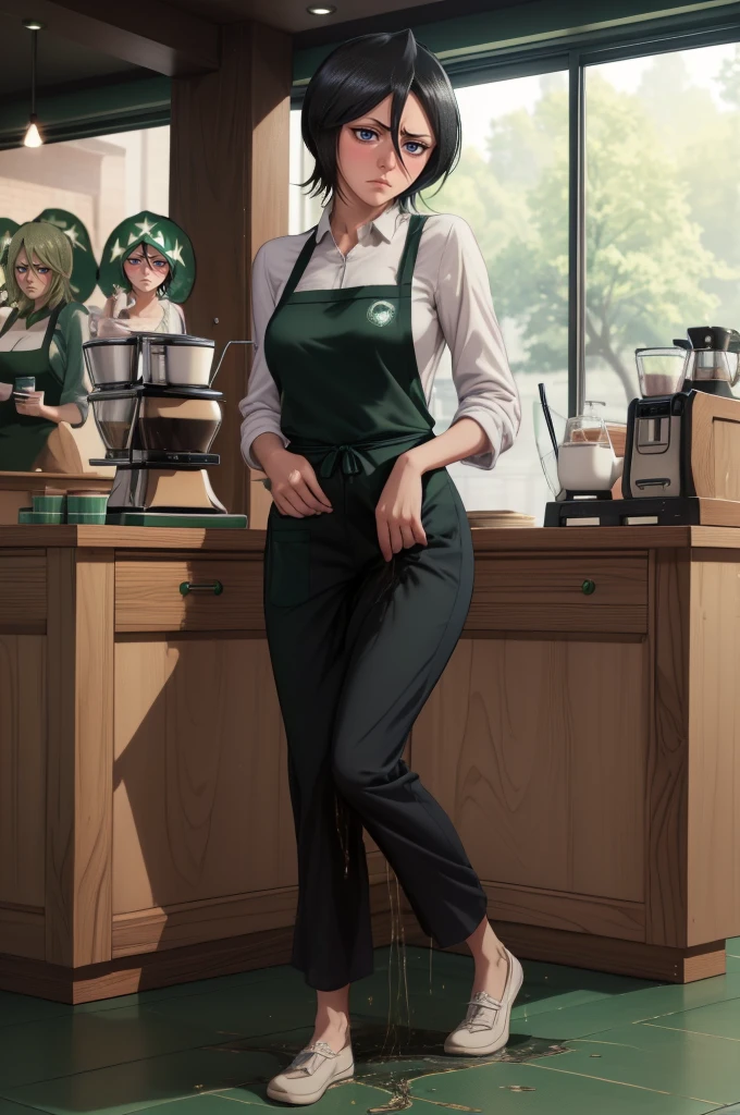 woman, ((fullbody)), solo, best quality, high resolution, distinct image, intricate_detail, highres, official art, finely detailed beautiful face, high-resolution illustration, 8k, slim, ((perfect face, evening :1.1)), (((peeing self:1.2))), ((((wetting herself:1.2)))), (((peeing herself:1.2))), (((pee stain:1.2))), ( detailed anime face:1.3), Rukia Kuchiki, ((wearing barista uniform:1.4, green starbucks apron:1.3)), ((slim, tall, narrow waist:1.1)), ((at the starbucks:1.4, barista:1.4)), (small breasts),  (short black hair,blue eyes :1.2), thin, detailed dark blue eyes, detailed face, (blush),detailed face, (blush), (( looking down)), ((embarassed:1.2 )), (((humiliated face expression:1.2))), rukia Kuchiki,