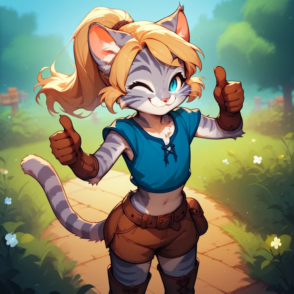 Score_9, score_8_up, score_7_up, Kat, Anthro, Anthro furry feline girl, grey striped fur, flat chest, , cub, blonde hair, ponytail, standing, blue top, midriff, belt, brown bottoms, gloves, brown boots, outdoors, smiling, thumbs up, winking, playful pose