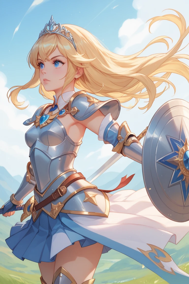 A beautiful magical girl warrior, long blonde hair, blue eyes, small breasts,Fantasy cropped armor  white pleated skirt. Tiara, sword and shield she goes on an adventure trip She walks through an imaginative landscape